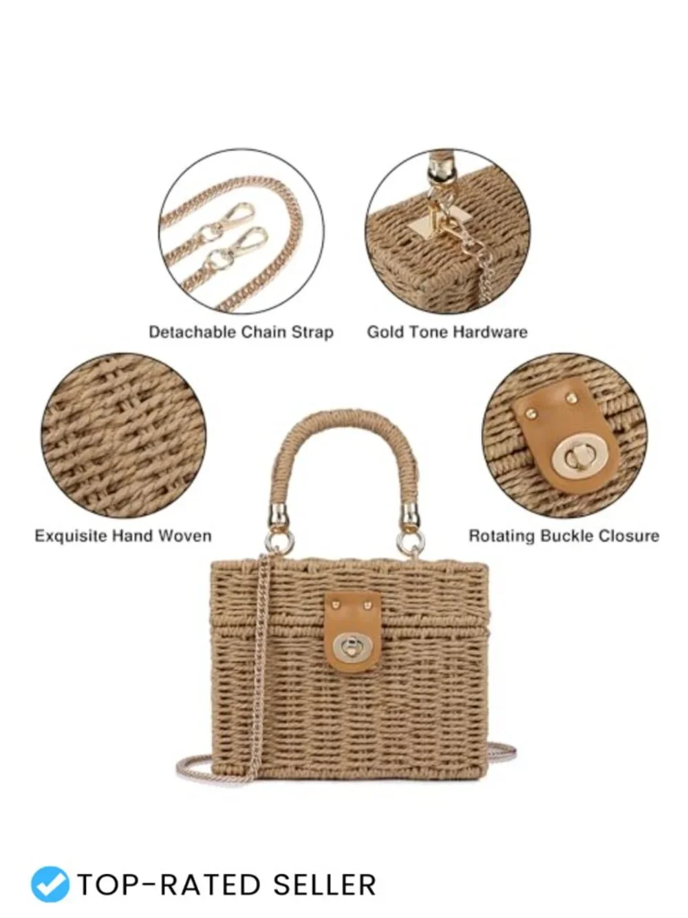 Handwoven Rattan Wicker Crossbody Shoulder Satchel Bag with Chain Strap